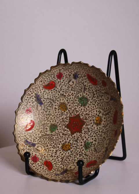 Cloisonne Style Floral Brass Bowl