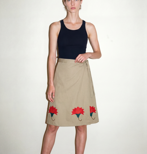 Vintage tan Floral Appliqué Wrap Skirt