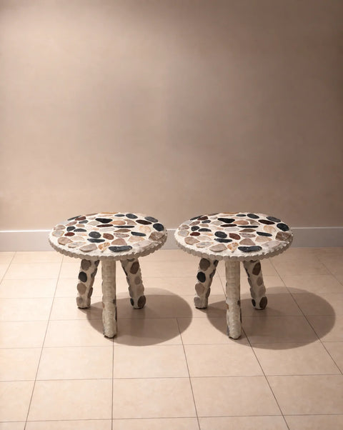 Handmade Multicolor Stone Mosaic Side Tables – Pair