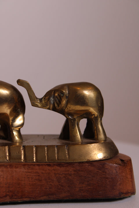 Brass Elephant Parade Sculpture on Wood Base