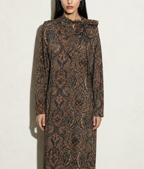 Crossing Pointe Brown Paisley Long-Sleeve Dress