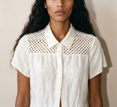 Dina K White Linen Eyelet Button-Up Blouse