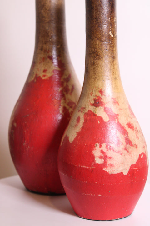 Pair of Primitive Red Wooden Decorative Vases