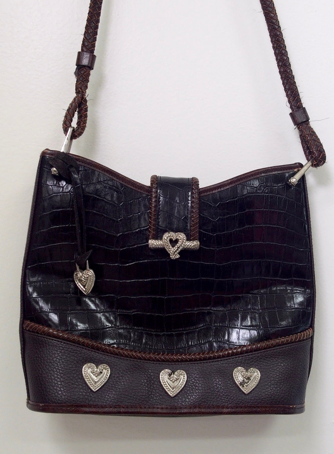 Pre Owned Brighton Black Croc Embossed Leather Crossbody | Silver Heart Hardware | Braided Strap | 90s (Y2K Vintage)