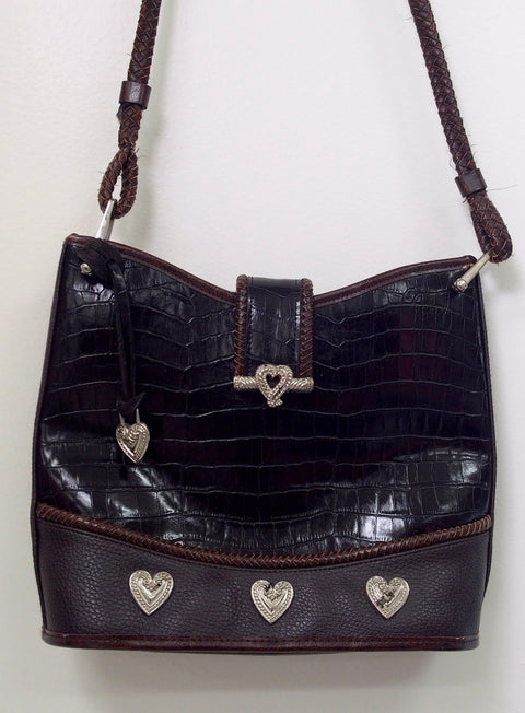 Pre Owned Brighton Black Croc Embossed Leather Crossbody | Silver Heart Hardware | Braided Strap | 90s (Y2K Vintage)