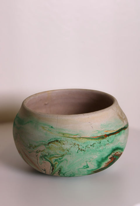 Vintage Nemadji Pottery Green Marble Bowl Hand Thrown Art Pottery