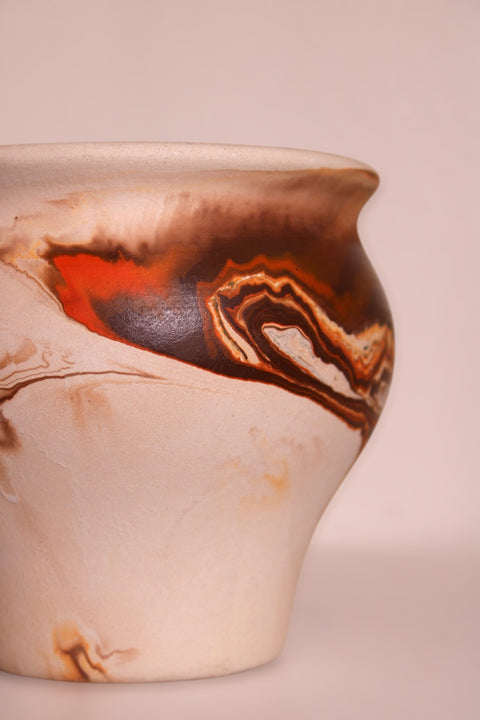 Vintage Nemadji Pottery Squat Vase Orange Black Flame Swirl Marbled Clay