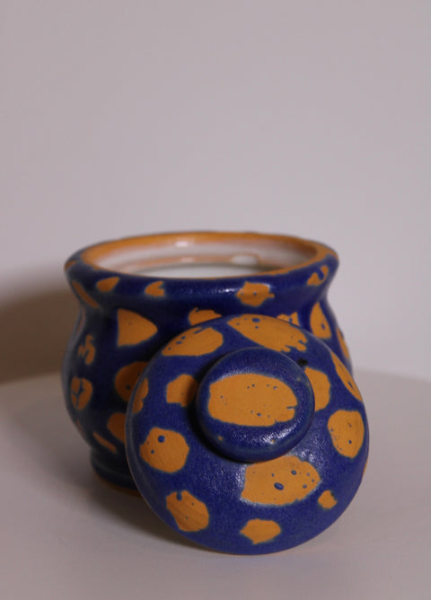 Blue Yellow Spotted Covered Pottery Box