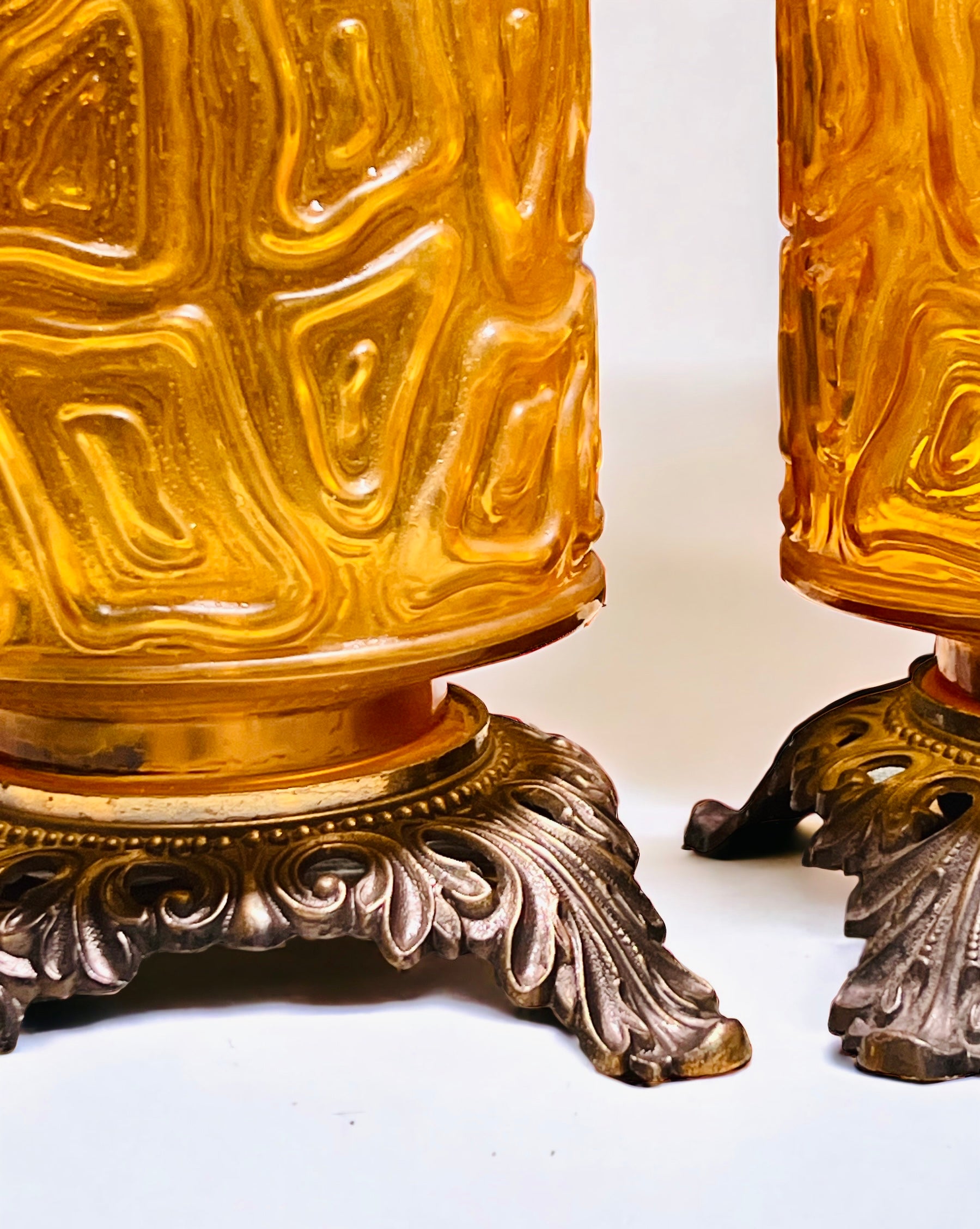 Vintage 1970 Amber Glass Nightlight Table Lamps (Pair)