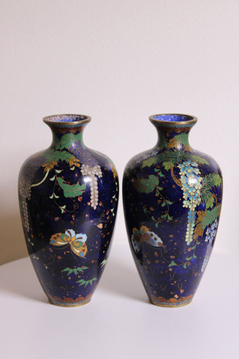 Pair of Vintage Cloisonné Butterfly & Wisteria Vases