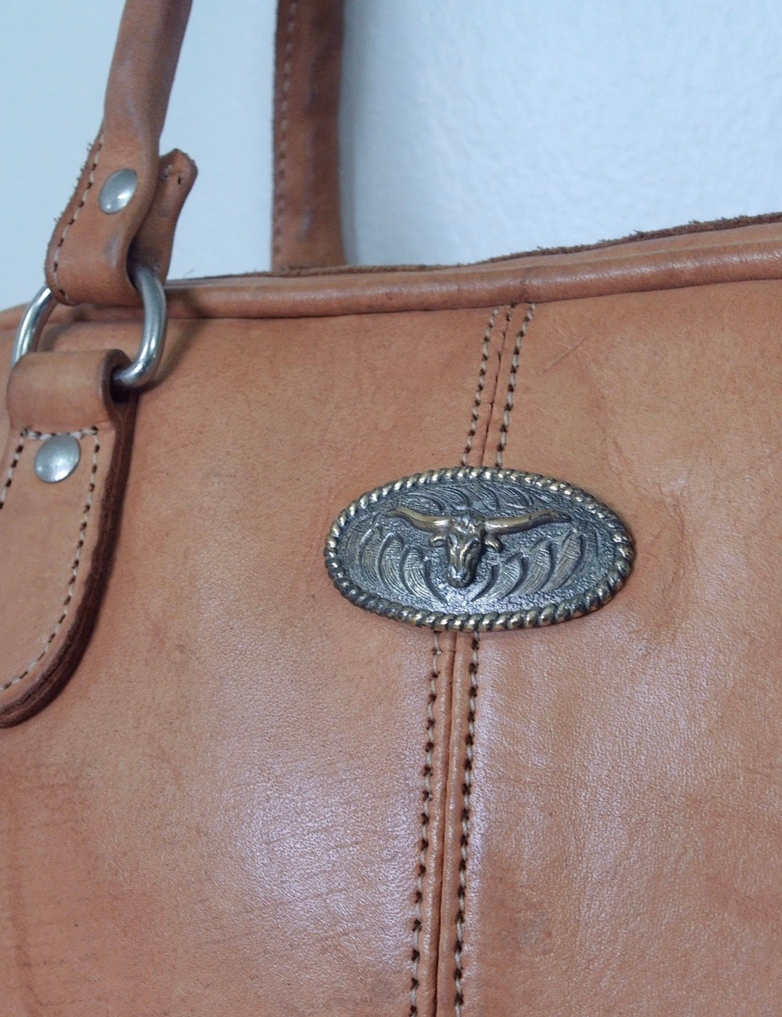 Pre Owned Western Tan Leather Satchel | Longhorn Steer Concho | Basket Weave Tooling | Whipstitch Detail (Vintage)