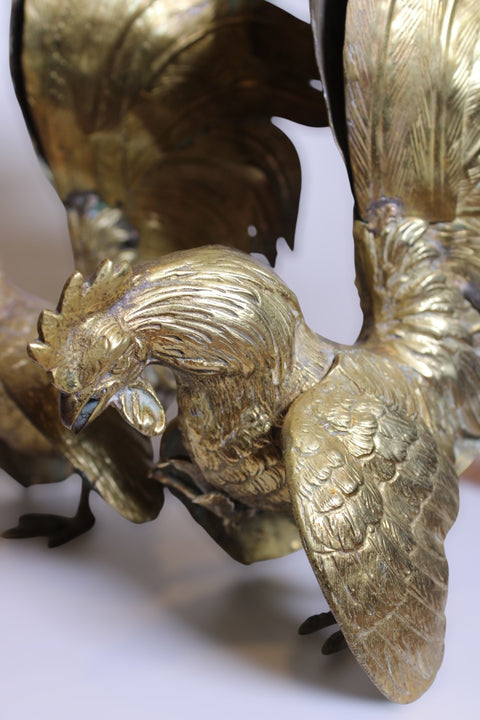 Pair of Vintage Large Brass Rooster Cockerels