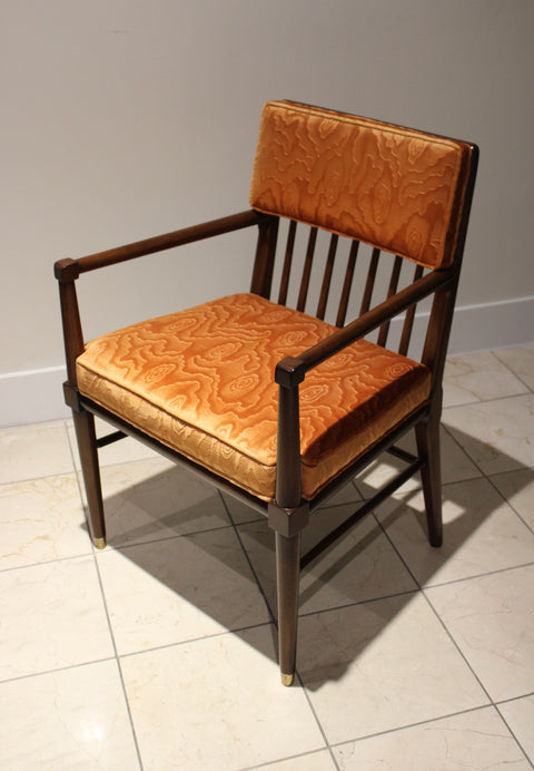Set of 6 Mid Century Modern Walnut Dining Chairs – Brass Capped Legs & Velvet Upholstery