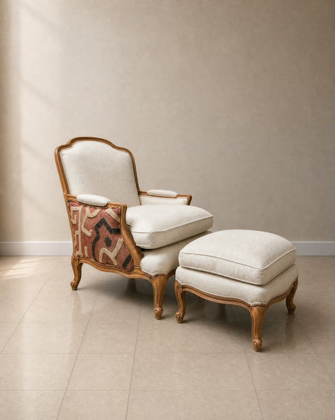 Vintage Reupholstered Kuba Cloth Chair + Ottoman