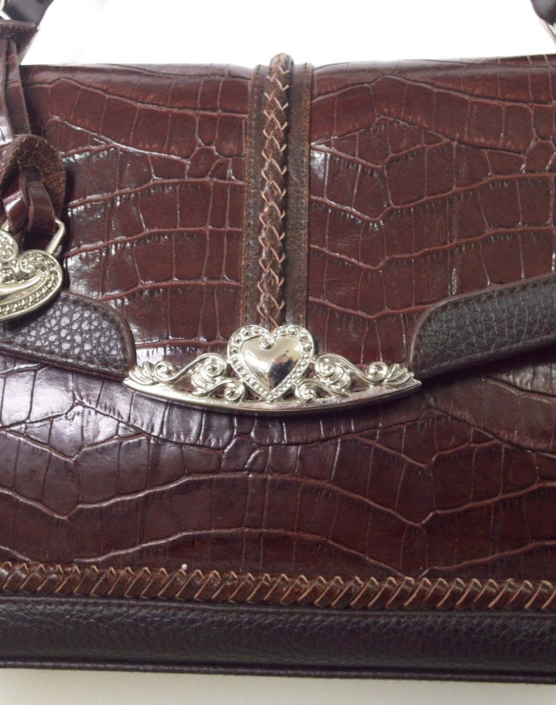 Pre Owned Brighton Satchel #D276571 | Brown Croc-Embossed Leather | Silver Heart Hardware | Braided Handle