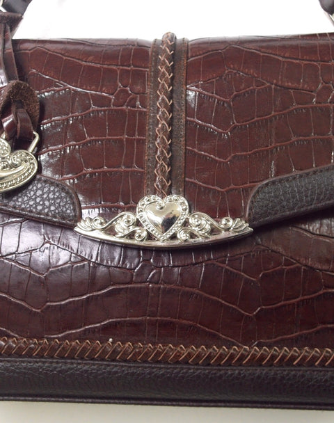 Pre Owned Brighton Satchel #D276571 | Brown Croc-Embossed Leather | Silver Heart Hardware | Braided Handle