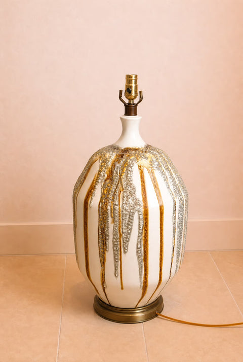 Vintage Jumbo Drip Glaze Ceramic Table Lamp – Mid Century Modern Caramel & Cream