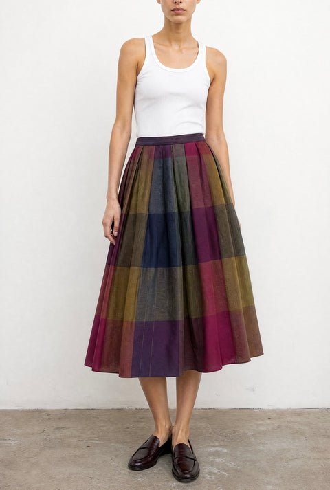 Vintage Multicolor Plaid Pleated Midi Skirt
