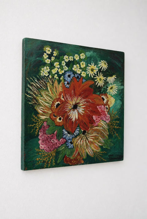 Vintage Floral Still Life on Green Ground