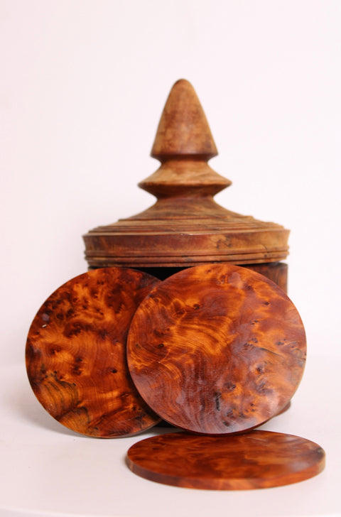 Burl Wood Coaster Set with Lidded Holder