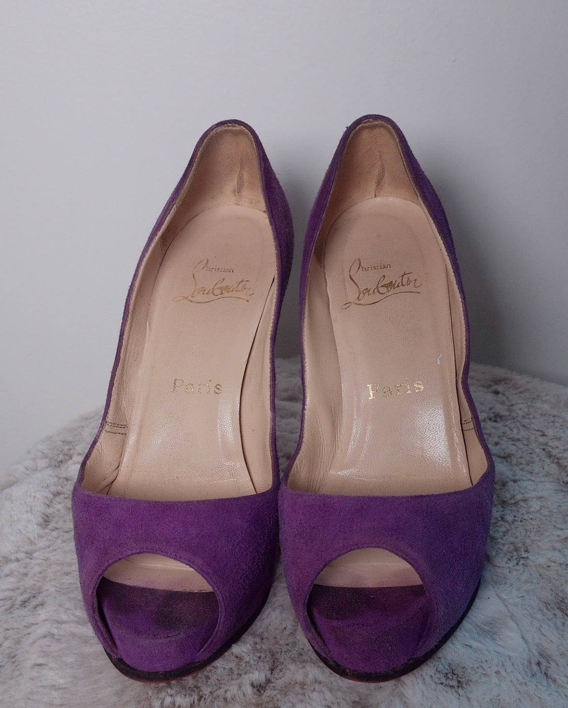 Pre Owned Christian Louboutin Purple Suede Peep Toe Heels | Red Sole Classic Pumps | Designer Statement Shoes
