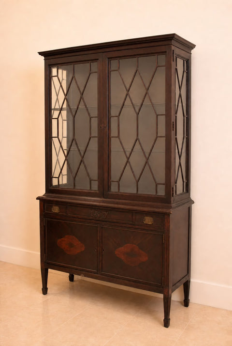 English Mahogany Inlaid Leaded Glass Display Cabinet