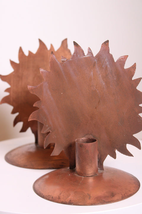 Pair of Copper Sun Brutalist Candle Holders