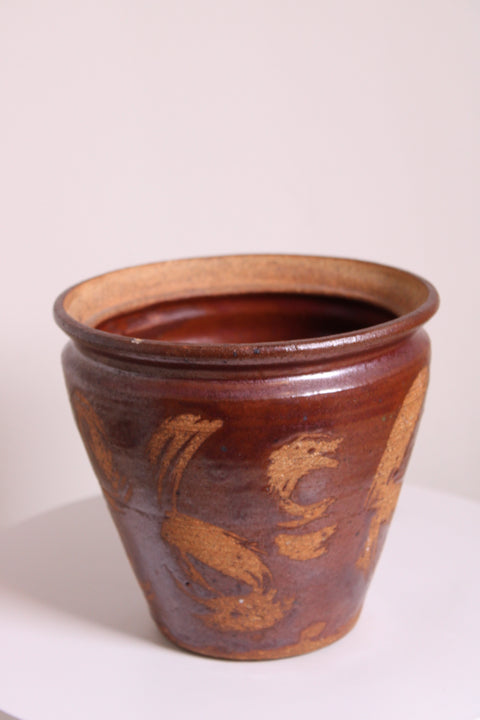 Brown Glazed Relief Studio Pottery Planter