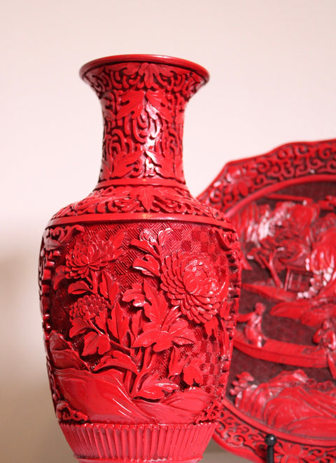 Vintage Red Cinnabar Style Carved Vase and Tray Set