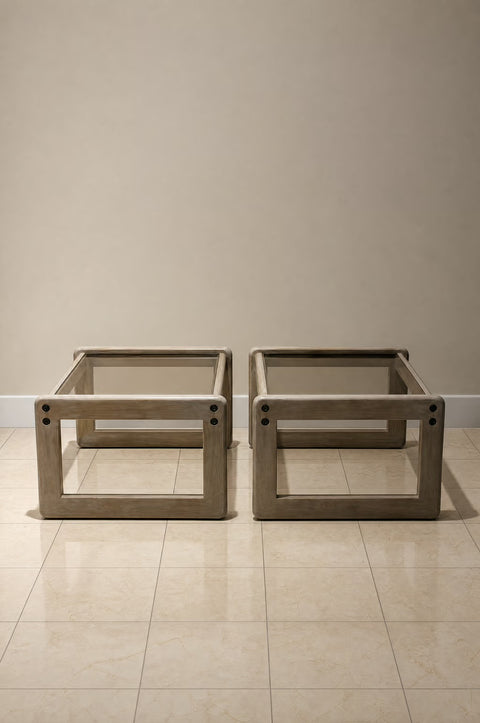 Vintage Modern Glass Top End Tables (Pair) | Sculptural Oak Side Tables