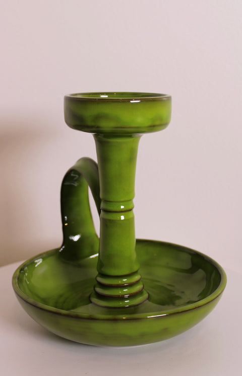 Mid Century Olive Green Pottery Chamberstick Candle Holder