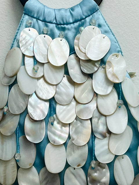 Aqua Shell-Embellished Ring-Handle Handbag