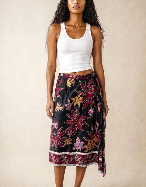 Vintage Black Floral Wrap Midi Skirt