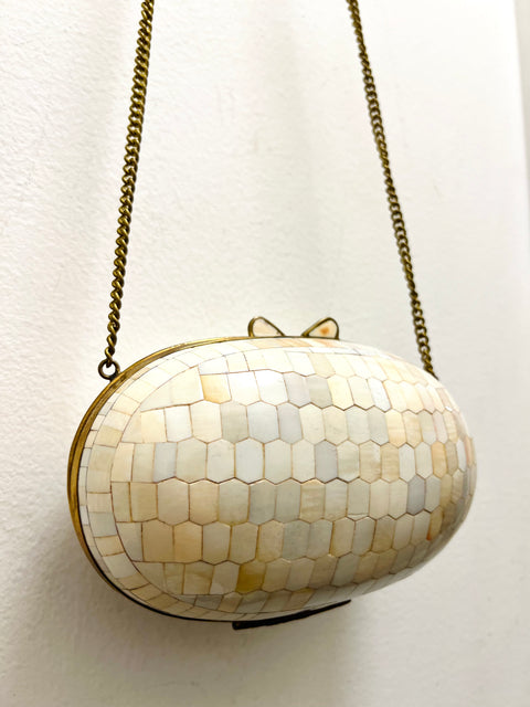 Pearlescent Mother of Pear Shell Mosaic Oval Evening Bag