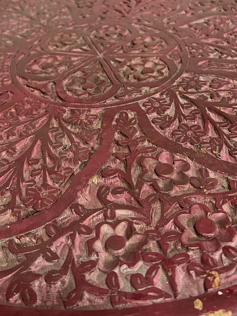 Vintage Hand-Carved Moroccan Round Accent Table | Red Wood Side Table