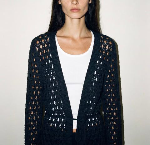 Vintage Black Crochet Open-Knit Cardigan — product detail