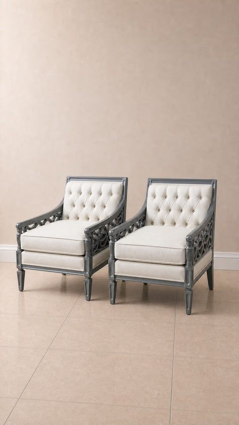 Pair Vintage Fretwork Grey Lacquered Chairs