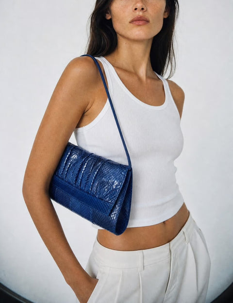Blue Reptile-Texture Leather Shoulder Bag