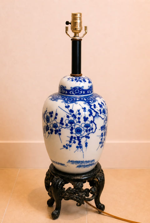 Vintage Blue & White Cherry Blossom Porcelain Ginger Jar Table Lamp