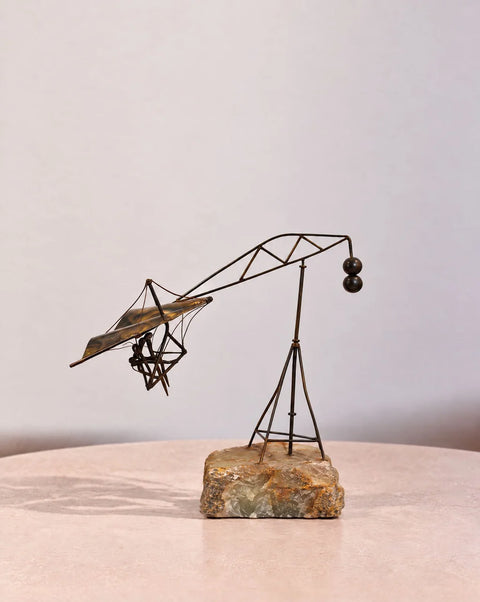 Vintage Metal Hang Glider Balance Sculpture on Stone Base