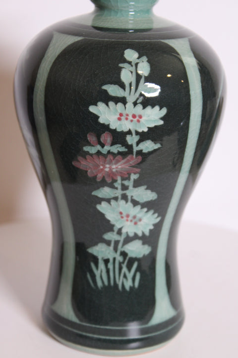 Vintage Korean Celadon Four Seasons Inlaid Floral Vase
