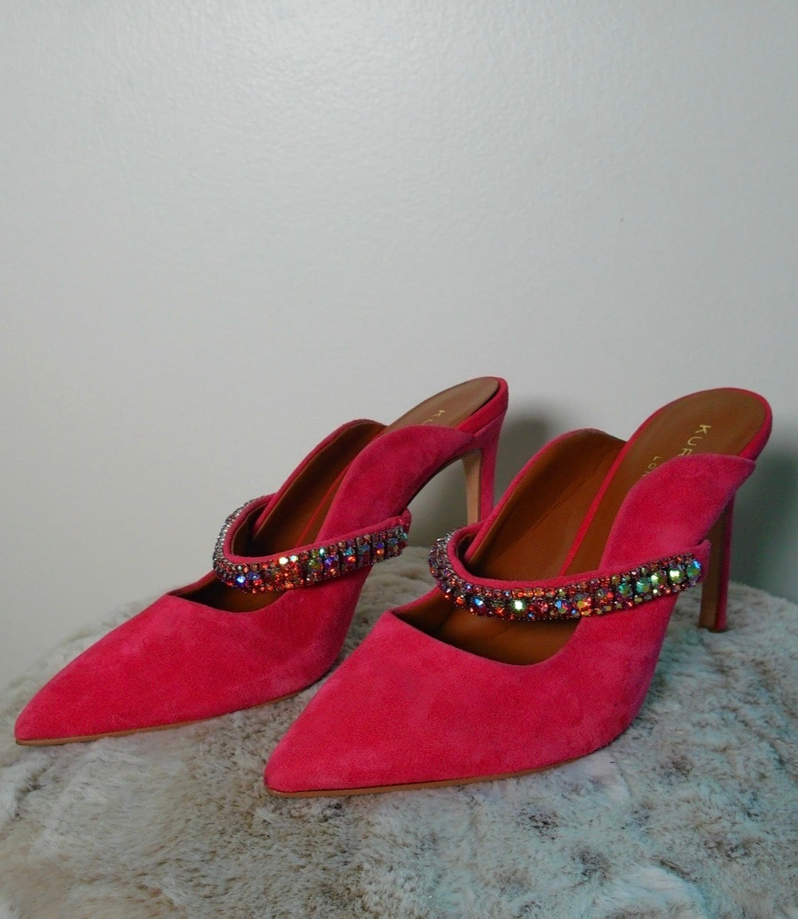 Pre Owned “Kurt Geiger London” Pink Suede Mule Heels | Rhinestone Strap Pointed Toe Pumps | Y2K Statement Heels