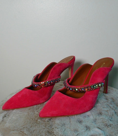 Pre Owned “Kurt Geiger London” Pink Suede Mule Heels | Rhinestone Strap Pointed Toe Pumps | Y2K Statement Heels