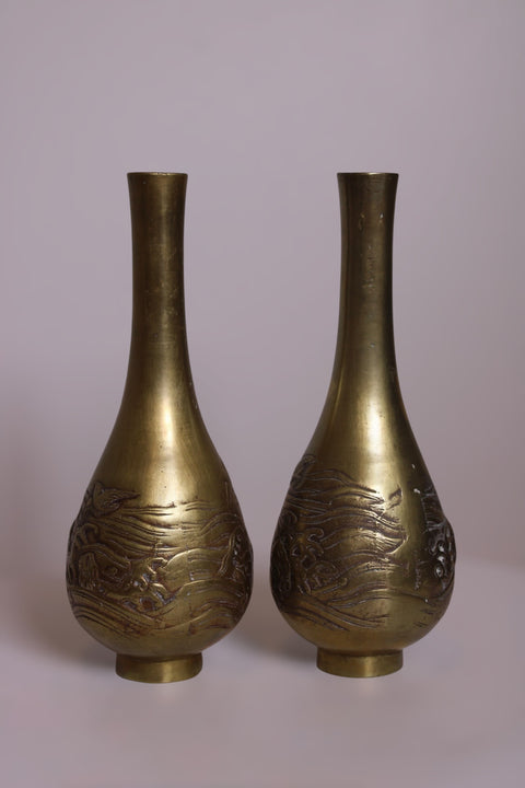Pair of Etched Brass Bottle Vases