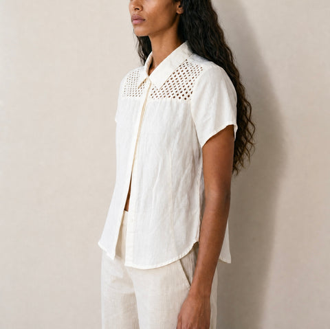 Dina K White Linen Eyelet Button-Up Blouse