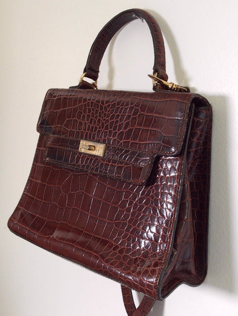 Pre Owned Dark Brown Crocodile-Embossed Leather Flap Bag | Gold Turn-Lock Closure | Structured Kelly Style Top Handle Handbag (Vintage 1980s)
