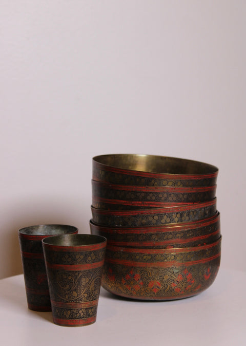 Vintage Brass and Enamel Bowl Set