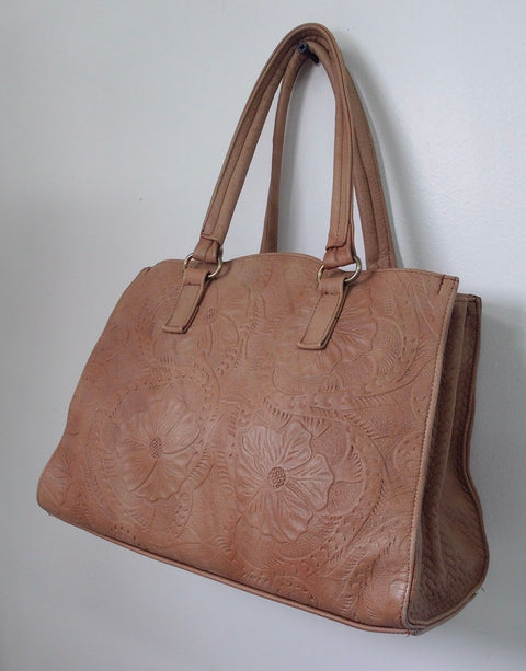 Pre Owned Tan Floral Tooled Embossed Leather Tote Bag | Western Boho | Double Handles | Back Zip Pocket (Vitange)