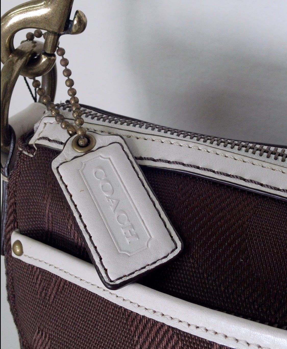 Pre Owned Coach Legacy Signature 2008 Shoulder Bag F13102 | Chocolate Brown & White | Dual Turnlock Pockets (Y2K Vintage)
