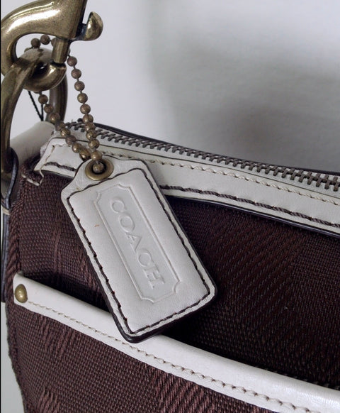 Pre Owned Coach Legacy Signature 2008 Shoulder Bag F13102 | Chocolate Brown & White | Dual Turnlock Pockets (Y2K Vintage)